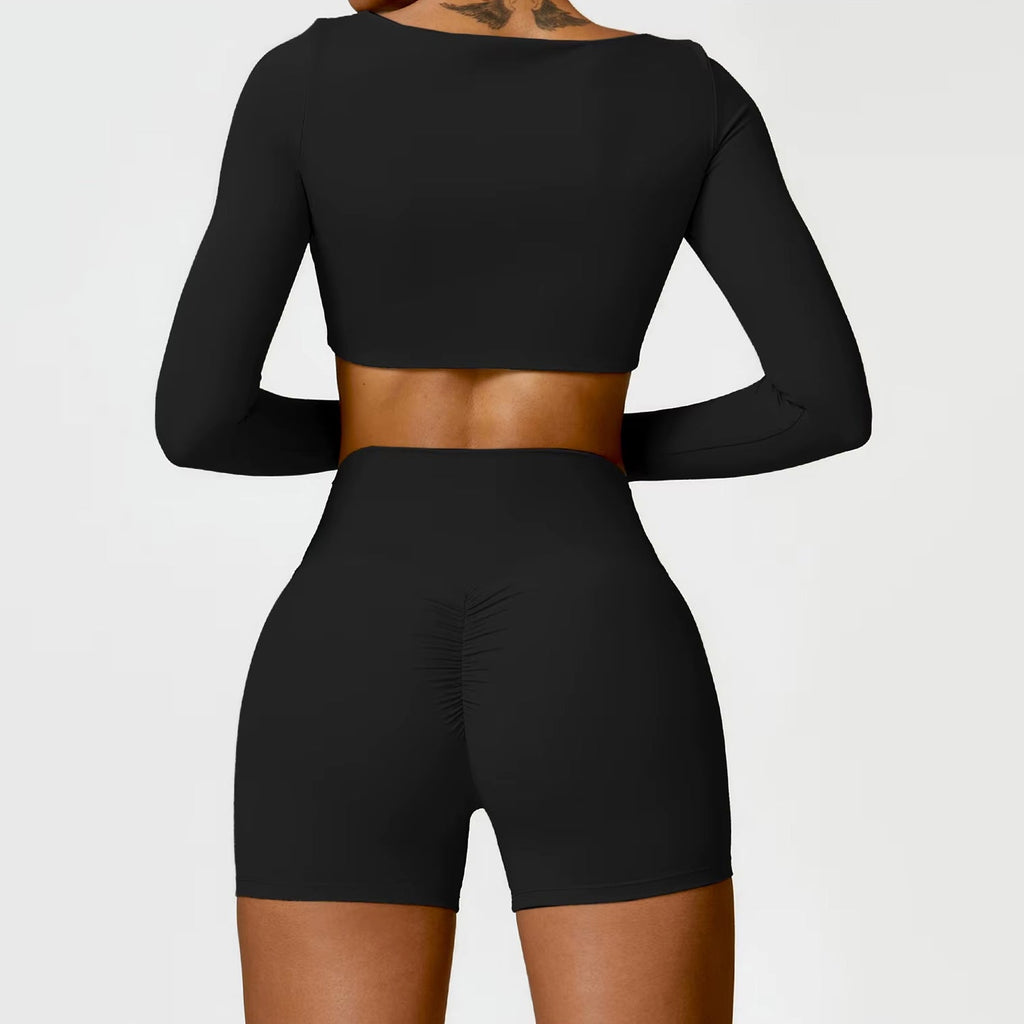 Uzun Kollu Crop Büzgü Biker Şort Takım
