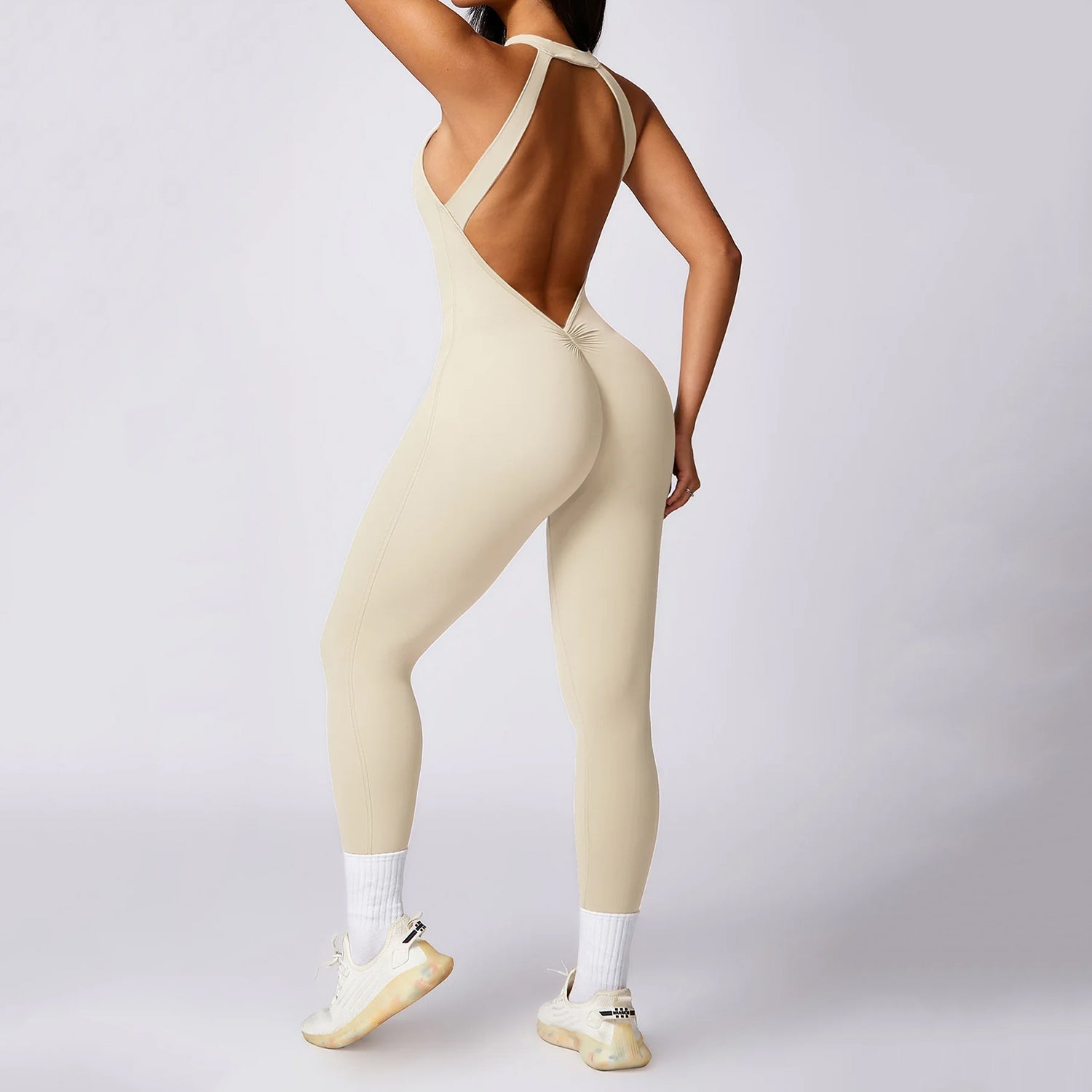 Sırt Dekolteli Büzgü Tayt Tulum