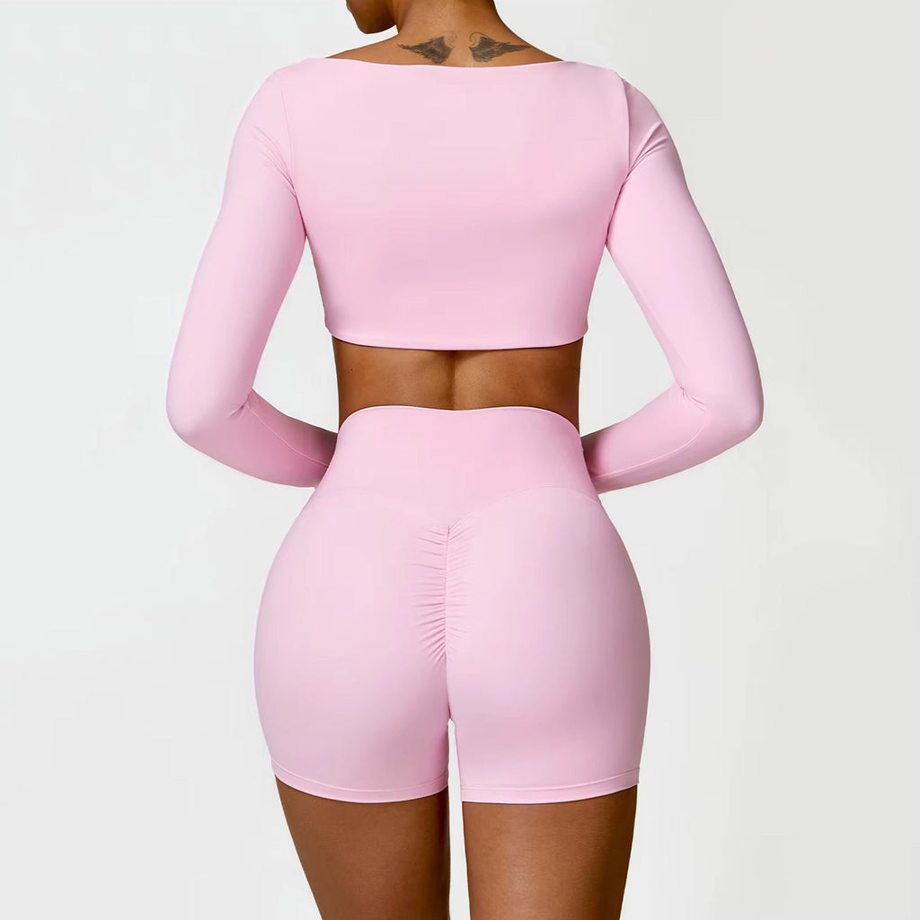 Uzun Kollu Crop Büzgü Biker Şort Takım
