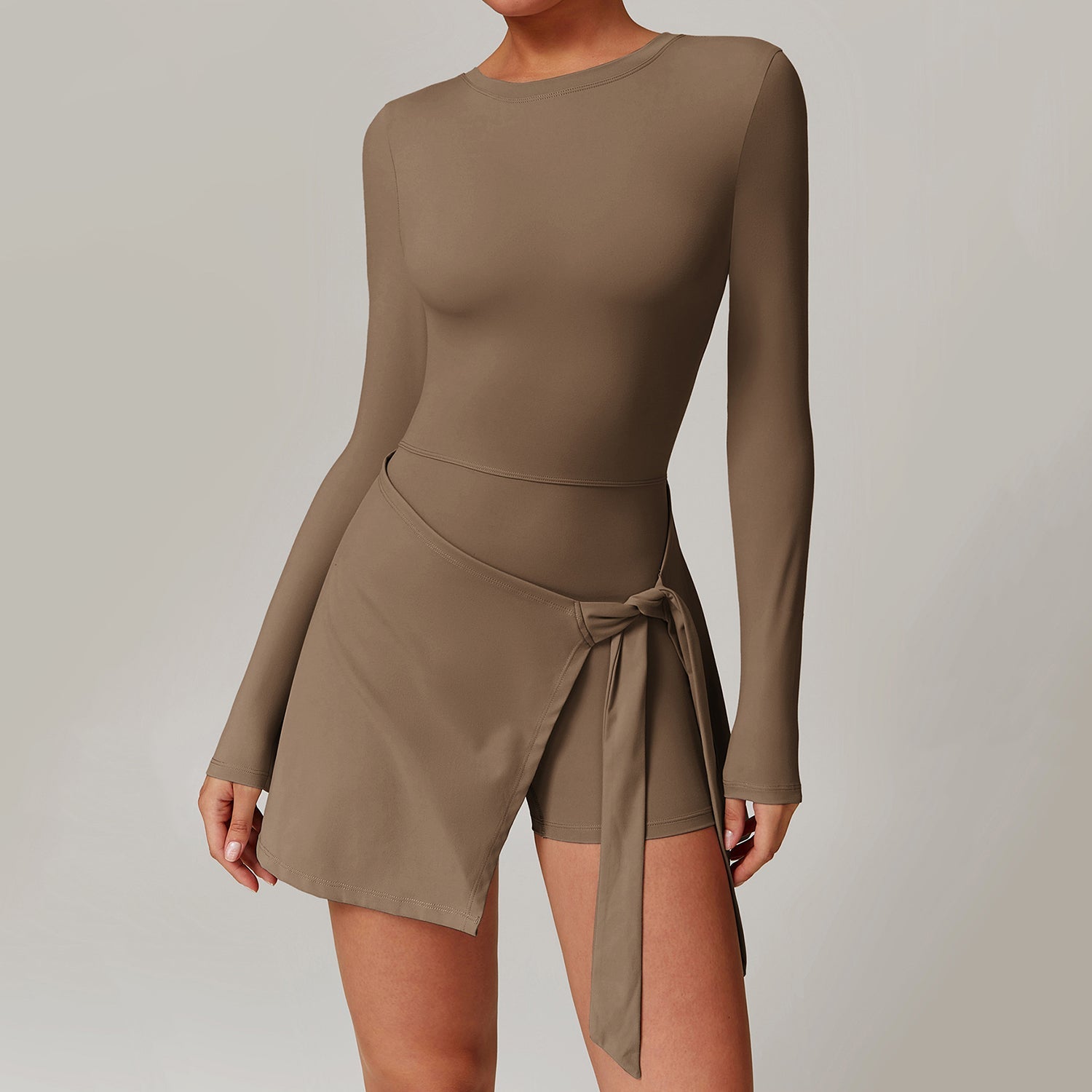 Uzun Kollu Belden Bağlama Detaylı Etek Tulum