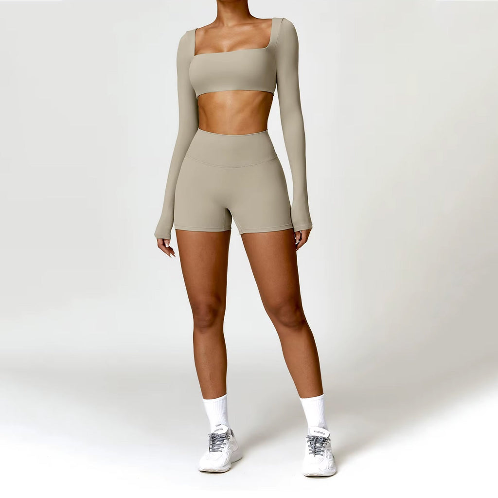 Uzun Kollu Crop Büzgü Biker Şort Takım