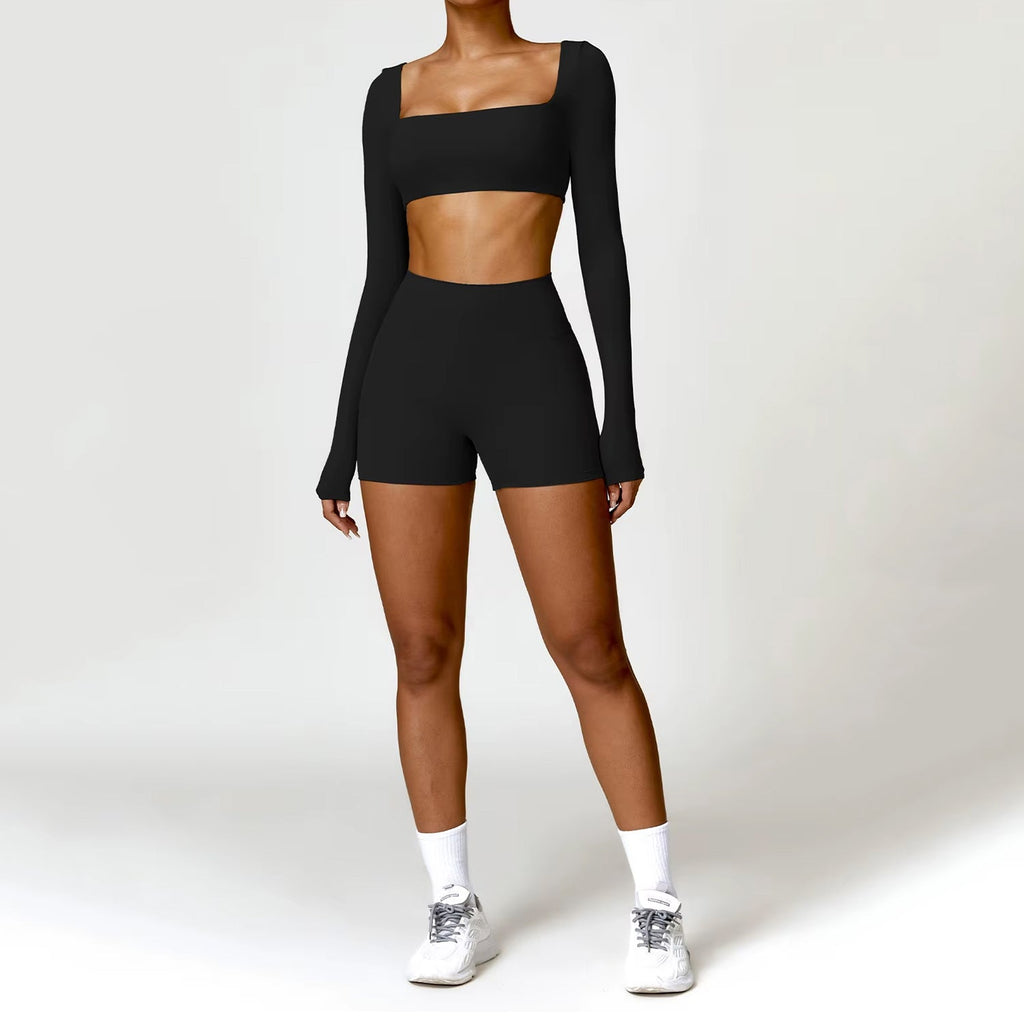 Uzun Kollu Crop Büzgü Biker Şort Takım