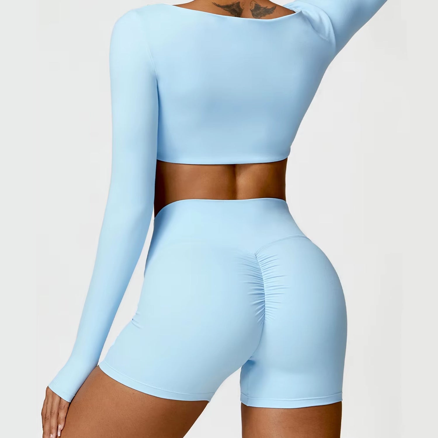 Uzun Kollu Crop Büzgü Biker Şort Takım