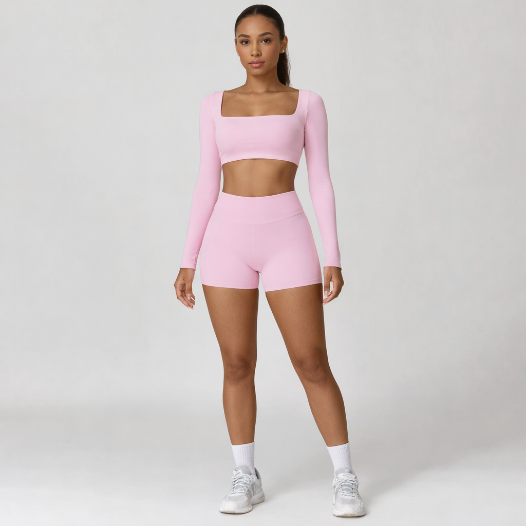 Uzun Kollu Crop Büzgü Biker Şort Takım