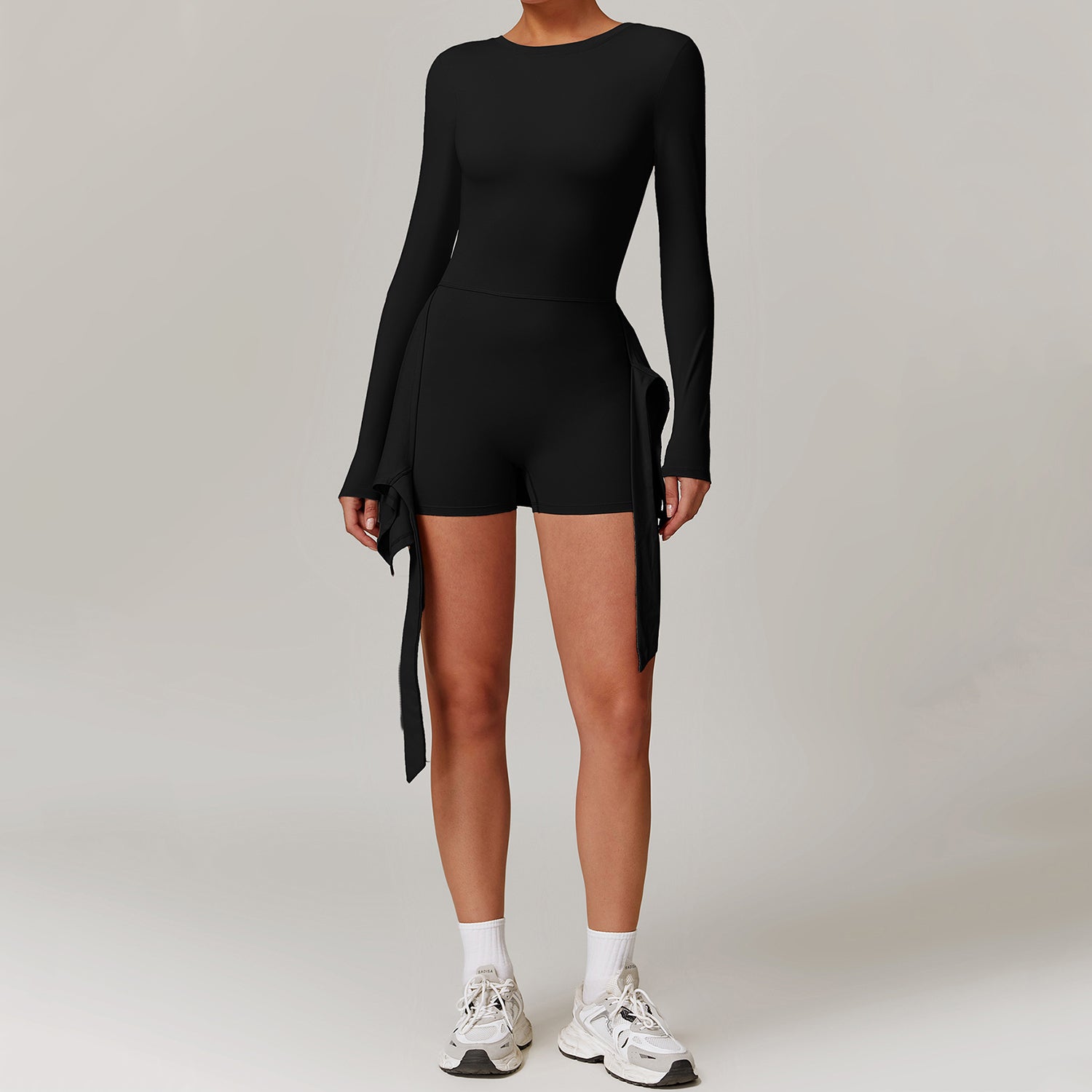 Uzun Kollu Belden Bağlama Detaylı Etek Tulum