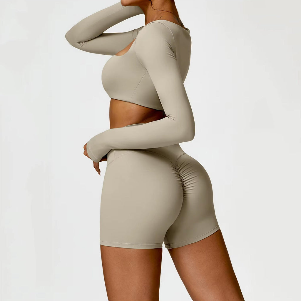 Uzun Kollu Crop Büzgü Biker Şort Takım