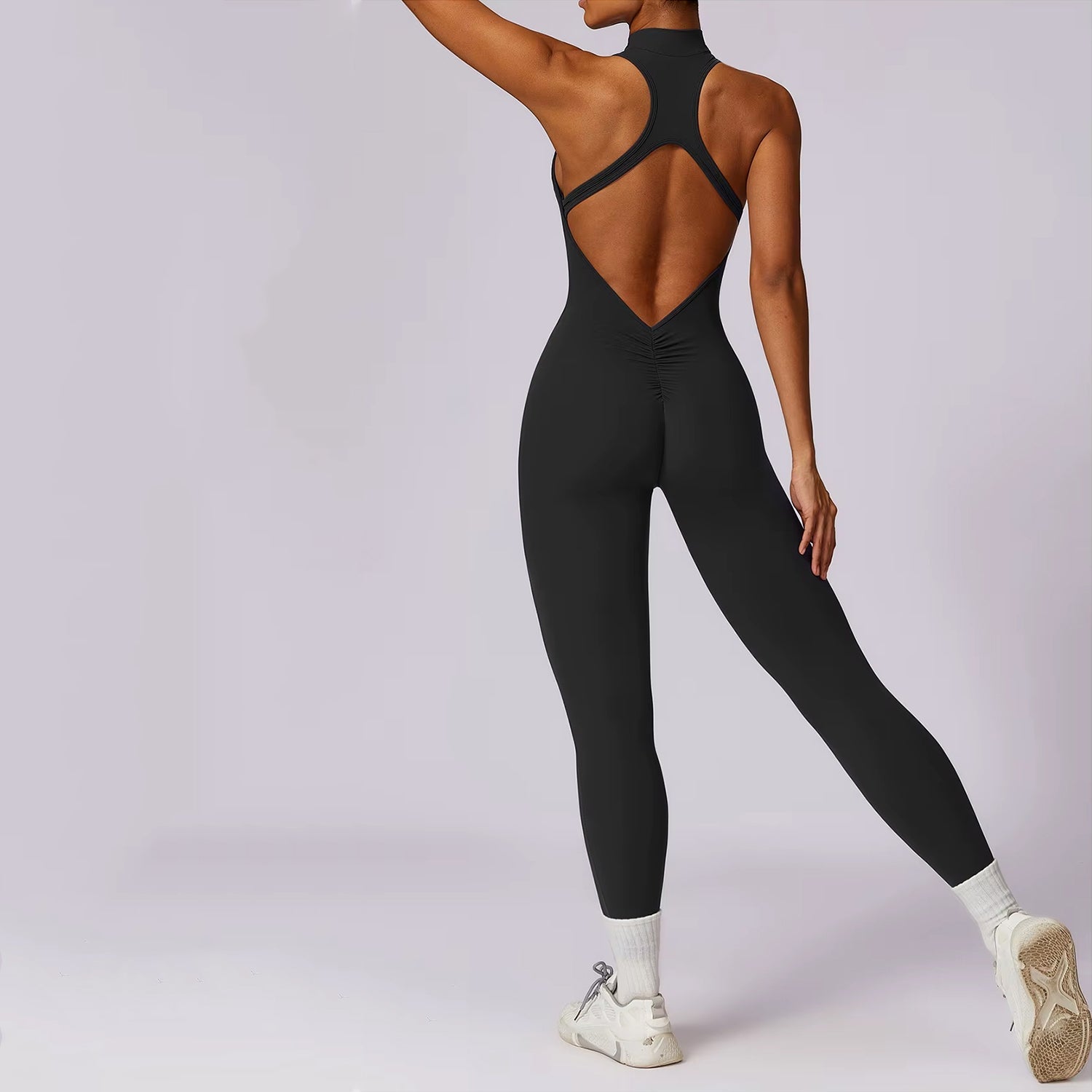 Sırt Detaylı Fermuarlı Büzgü Tayt Tulum