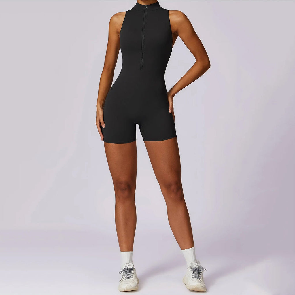 Sırt Detaylı Fermuarlı Büzgü Şort Tulum