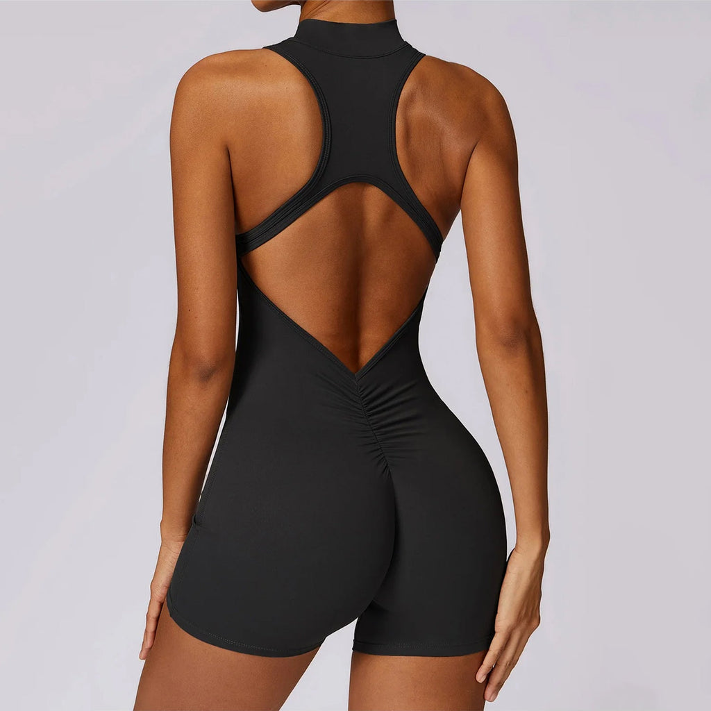 Sırt Detaylı Fermuarlı Büzgü Şort Tulum