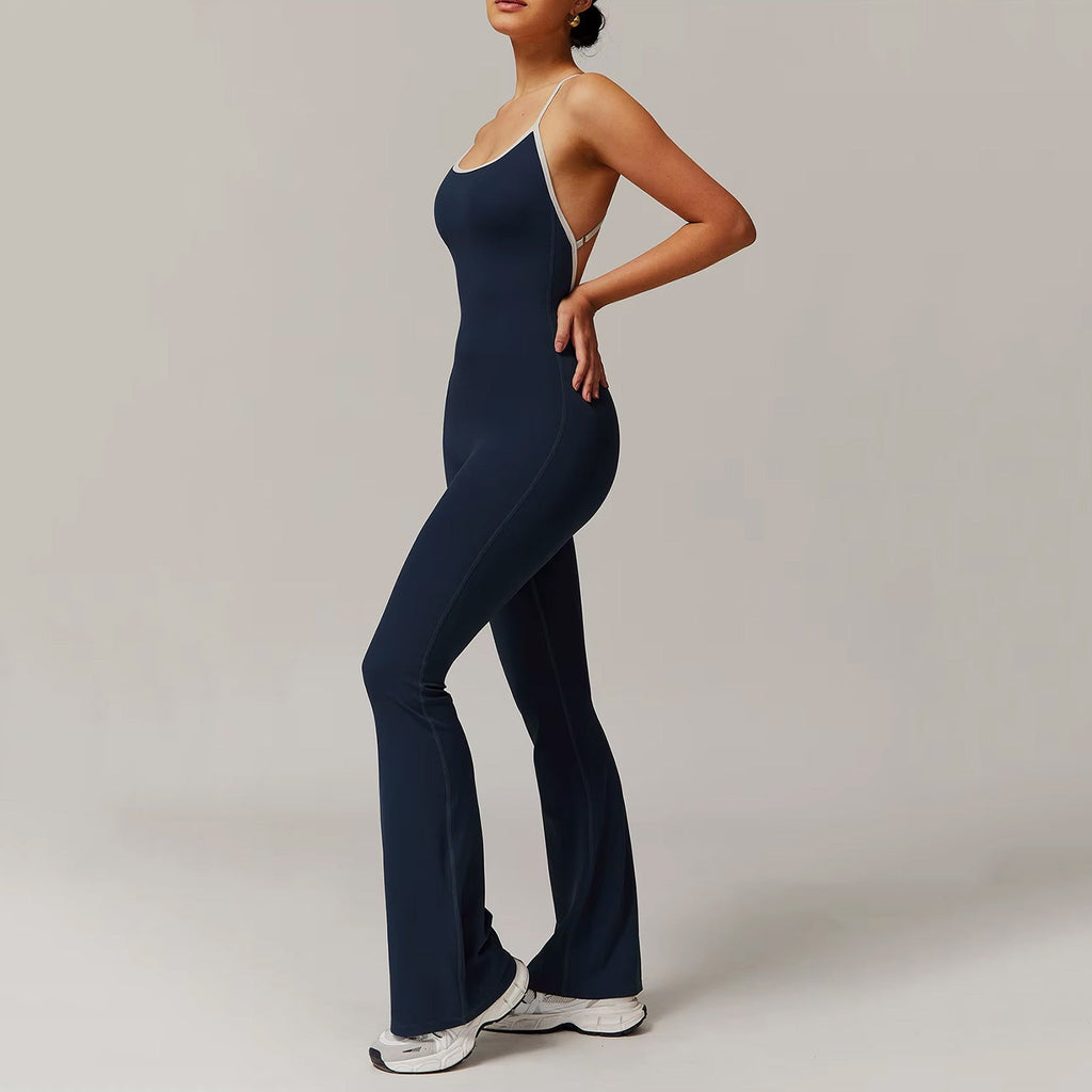 Çizgi Detaylı Sırt Dekolteli Büzgü Tulum