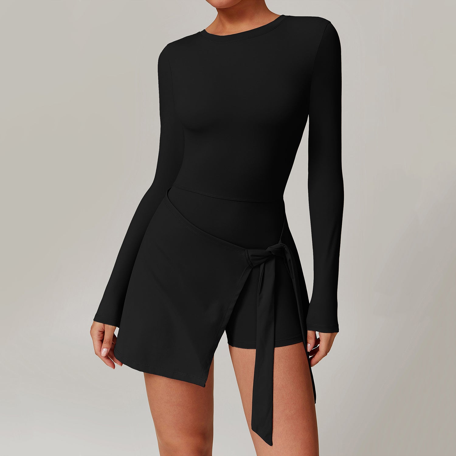 Uzun Kollu Belden Bağlama Detaylı Etek Tulum